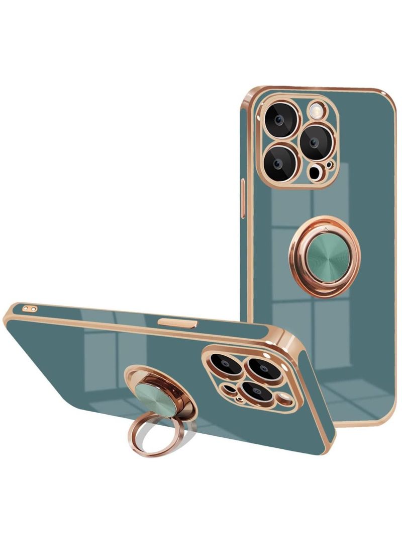 AMTCO iPhone 13 Pro Max Soft Silicon Shockproof Luxury Gold Lining Case Rotatable Magnetic Ring Holder Kickstand Cover Full Camera Protection for iPhone 13 Pro Max Grey