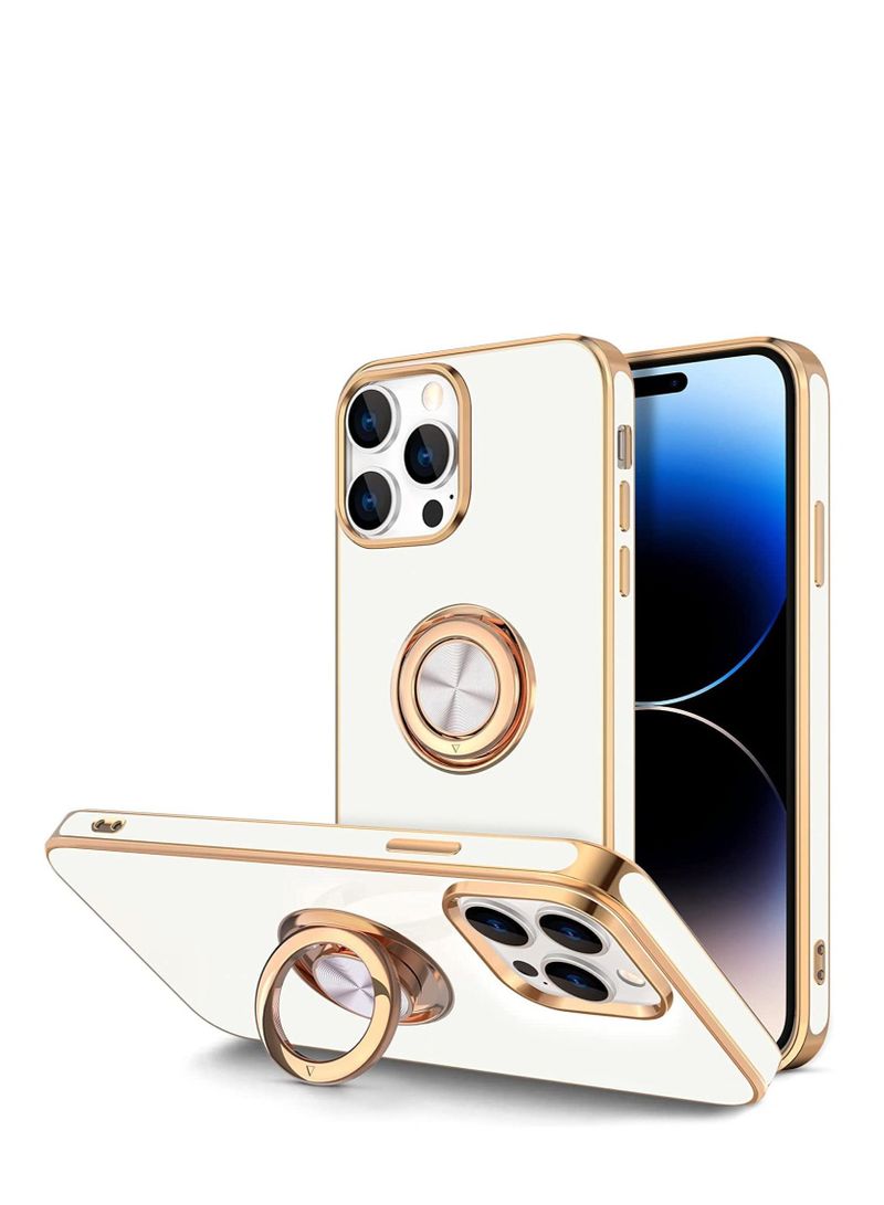 AMTCO  Soft Silicon Shockproof Luxury Gold Lining Case Rotatable Magnetic Ring Grip Holder Car Mount Kickstand Cover Compatible for iPhone 14 Pro 61 White