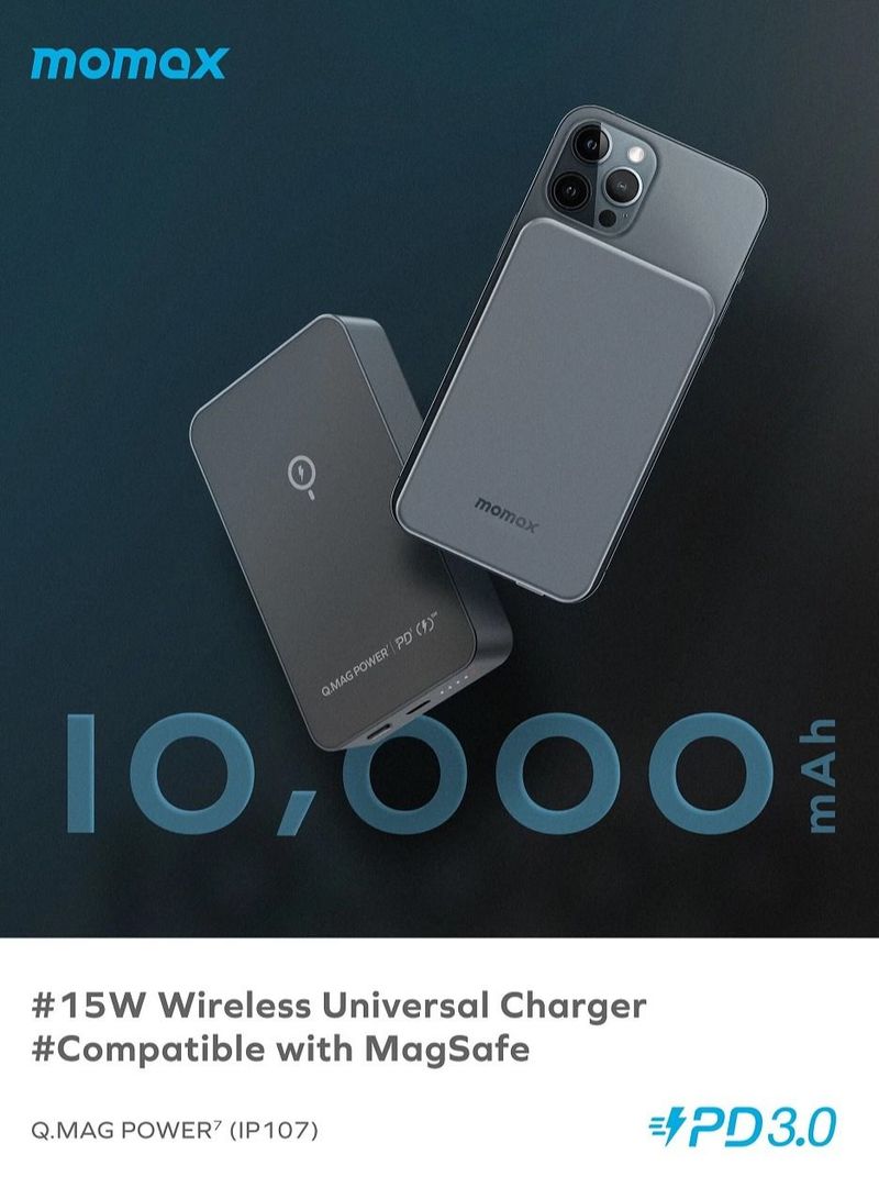 Momax QMag Power7 10000mAh Magnetic Wireless Battery Pack compatible with Magsafe  Space Grey
