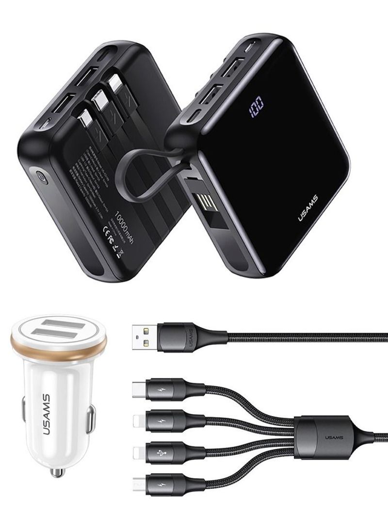 Travel Charging Kit 10000 mAh LED Display Mini Power Bank With 4 in 1 Fast Charging Aluminum Alloy Multi Function USB Data Cable and C4 Dual USB Mini Car Charger With 2USB 24A