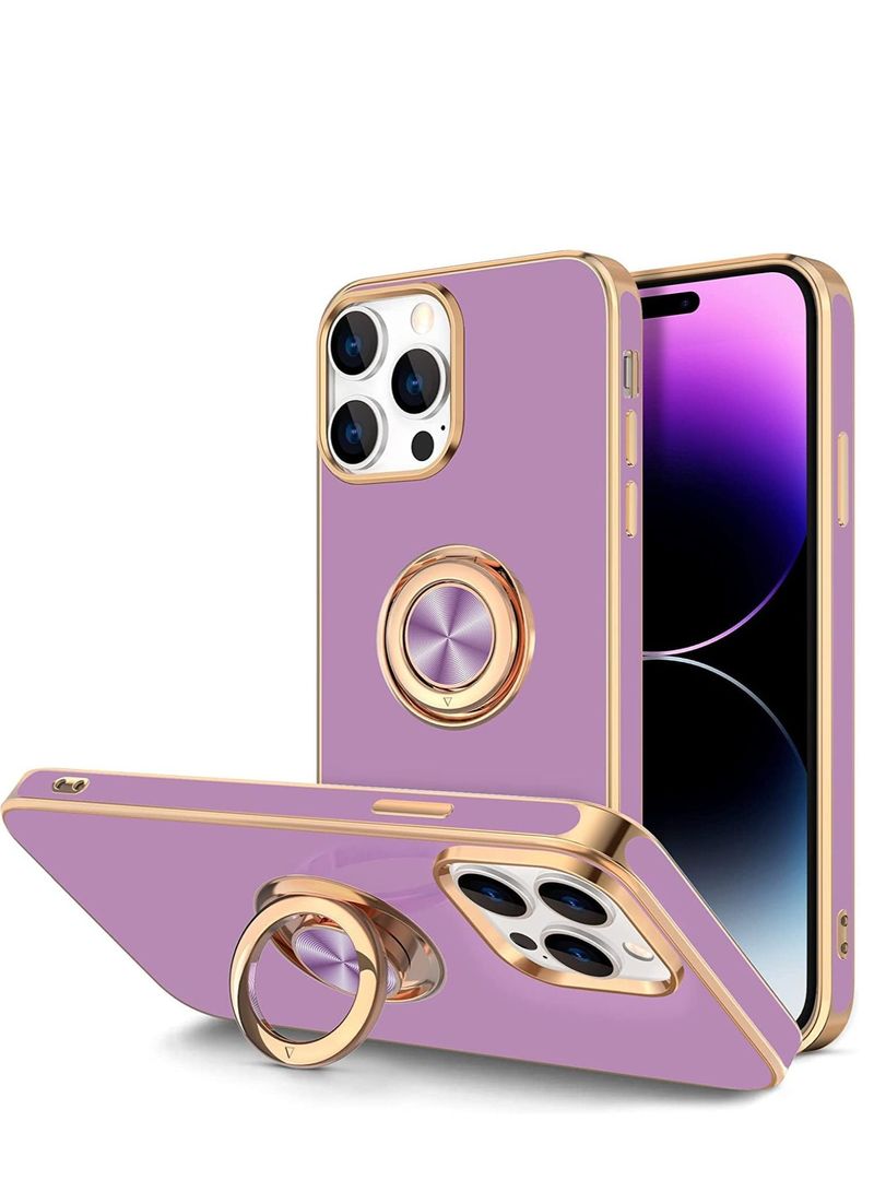 AMTCO  Soft Silicon Shockproof Luxury Gold Lining Case Rotatable Magnetic Ring Grip Holder Car Mount Kickstand Cover Compatible for iPhone 14 Pro 61 Purple