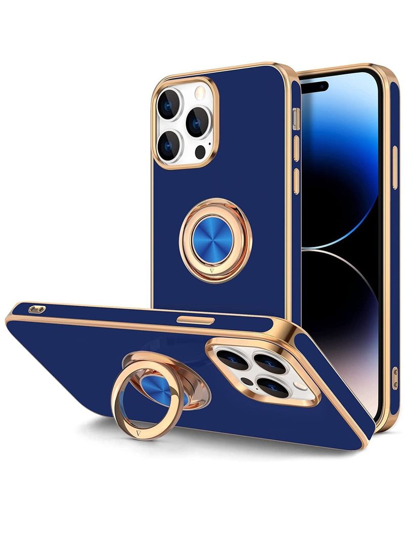 AMTCO case for iPhone 14 Pro Max Soft Silicon Shockproof Luxury Gold Lining Case Rotatable Magnetic Ring Grip Holder Car Mount Kickstand Cover Compatible for iPhone 14 Pro Max Blue